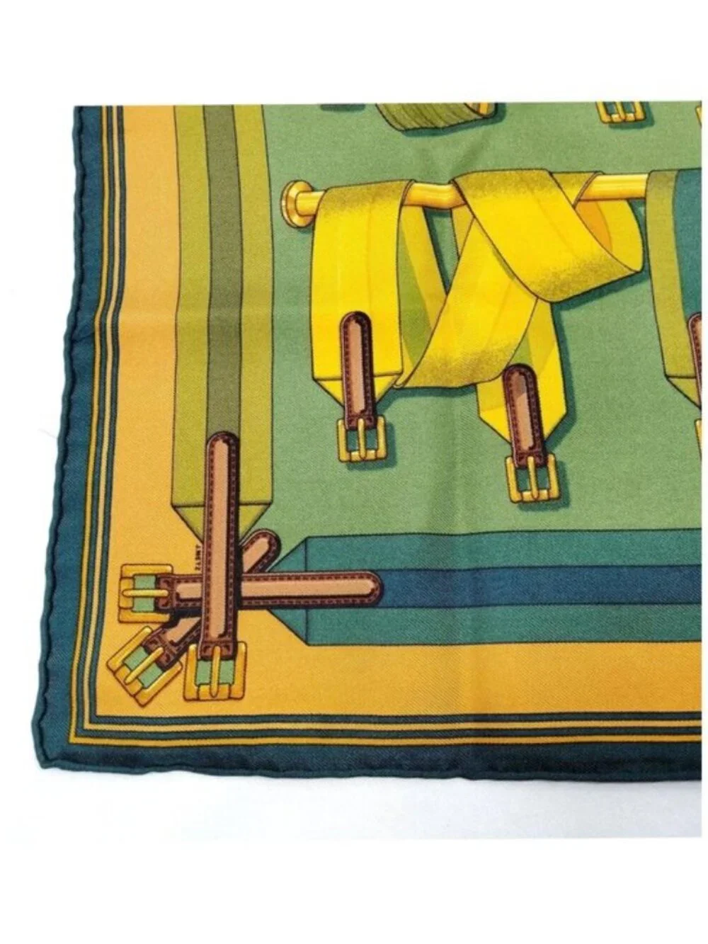 Authentic Hermès Les Sangles Carré 90 Silk Scarf Yellow Green
